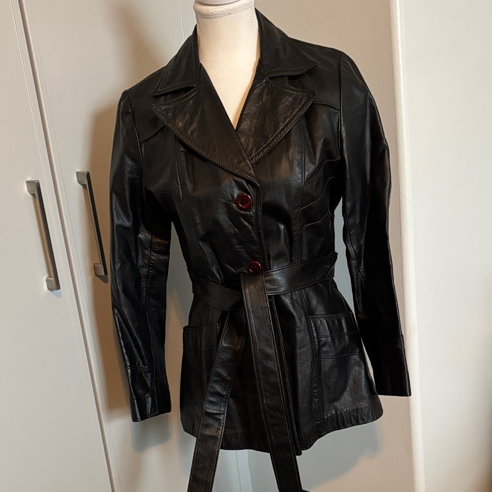 Vintage Black Leather Belted Jacket